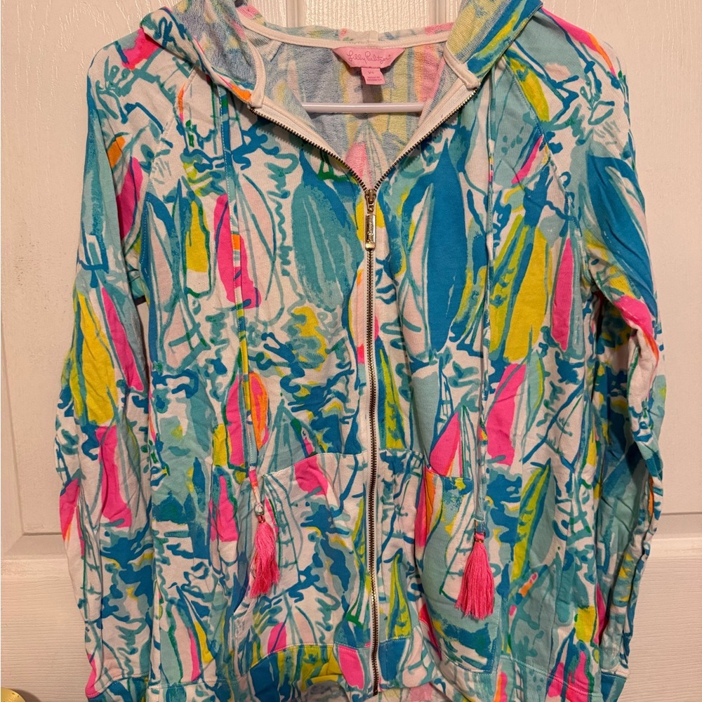 Lilly Pulitzer Multicolor Sailboat Print Zip Hoodie — Pink, Blue, Yellow